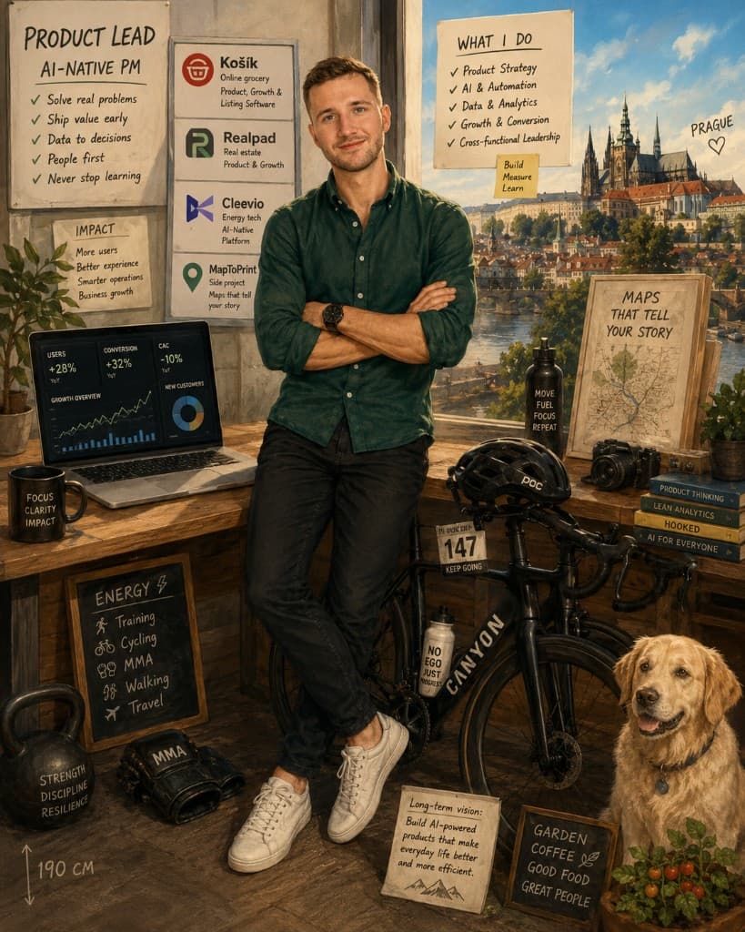 Matyas Juřena, Product Lead in a Prague workspace with product books, cycling gear, and a golden retriever