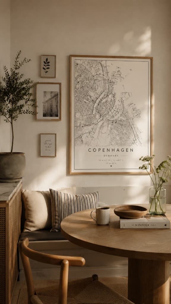 Framed Copenhagen map poster on a wall beside smaller art prints and a wooden dining table