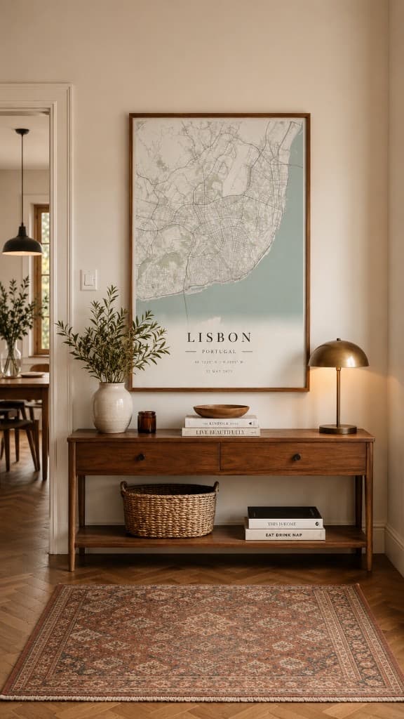 Framed Lisbon map poster in soft green and teal above a mid-century wooden console table
