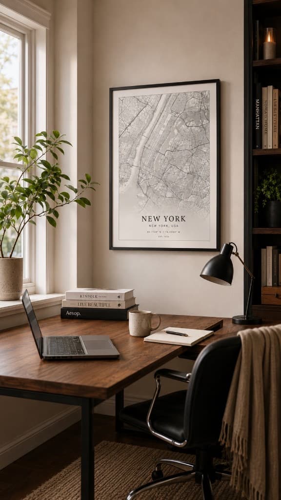Framed New York City map poster above a wooden desk with laptop and books