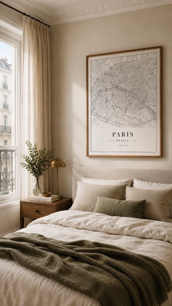 Framed Paris map poster above a bed with linen bedding and a brass bedside lamp
